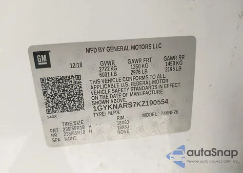 2019 Cadillac Xt5 Standard из США, поврежденный, VIN 1GYKNARS7KZ190554